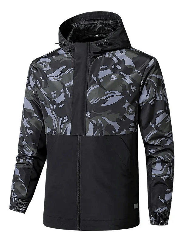 Men's camo print hooded waterproof tactical jacket SF1980, perfect for outdoor activities, windproof and breathable polyester.